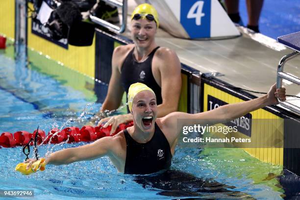 Bronte Campbell of Australia celebrates victory in the Women's 100m Freestyle Final on day five of the Gold Coast 2018 Commonwealth Games at Optus...