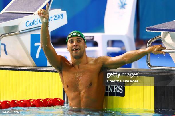 Chad le Clos of South Africa celebrates victory in the Men's 100m Butterfly Final on day five of the Gold Coast 2018 Commonwealth Games at Optus...