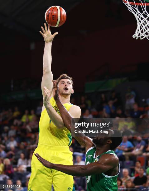 Angus Brandt of Australia shoots during the Preliminary Basketball round match between Australia and Nigeria on day five of the Gold Coast 2018...