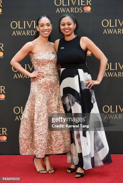 Pearl Mackie and Andrea Simon attend The Olivier Awards with Mastercard at Royal Albert Hall on April 8, 2018 in London, England.