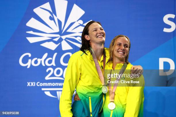 Silver medalist Cate Campbell of Australia and gold medalist Bronte Campbell of Australia pose during the medal ceremony for the Women's 100m...