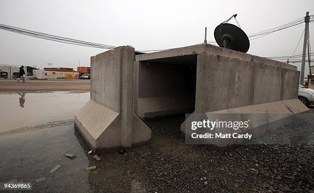 Detail of the blast walls which were used to protect the accommodation in which British Prime Minister Gordon Brown was staying on December 13, 2009...