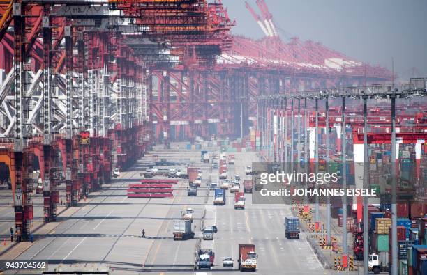 General view of the Yangshan Deep-Water Port, an automated cargo wharf, in Shanghai on April 9, 2018. China warned that trade talks with the United...