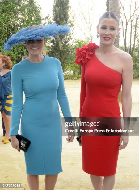 Raquel Rodriguez and Elisabeth Reyes attend the wedding of Jose Carlos Fernandez and Manuel Cabello on April 7, 2018 in Seville, Spain.