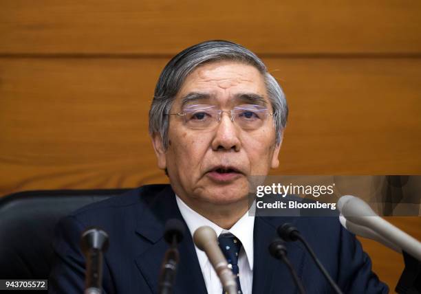 Haruhiko Kuroda, governor of the Bank of Japan , speaks during a news conference at the central bank's headquarters in Tokyo, Japan, on Monday, April...