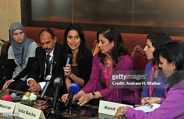 Producer Jehane Noujaim, actor Ayed Morror, director Julia Bacha, producer Rula Salameh and producer Ronit Avni attend the "Budrus" press conference...