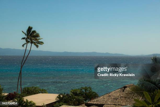thatched roofs and pacific ocean - fiji hut stock pictures, royalty-free photos & images