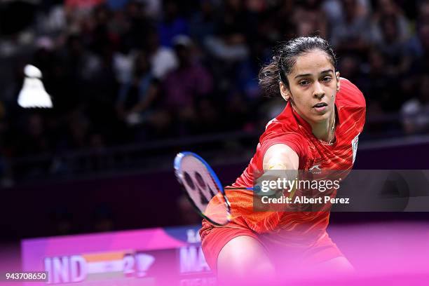 Saina Nehwal of India competes in the Badminton Mixed Team gold medal match against Soniia Cheah of Malaysia on day five of the Gold Coast 2018...