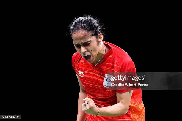 Saina Nehwal of India celebrates during the Badminton Mixed Team gold medal match against Soniia Cheah of Malaysia on day five of the Gold Coast 2018...