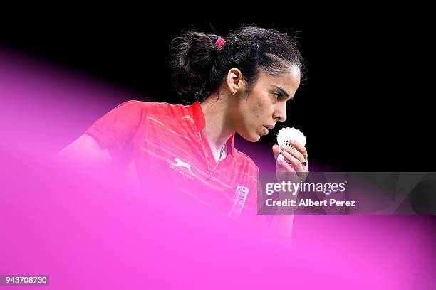 Saina Nehwal of India competes in the Badminton Mixed Team gold medal match against Soniia Cheah of Malaysia on day five of the Gold Coast 2018...