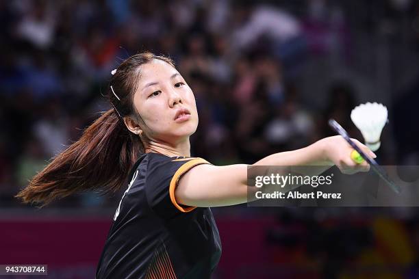 Soniia Cheah of Malaysia competes in the Badminton Mixed Team gold medal match against Saina Nehwal of India on day five of the Gold Coast 2018...