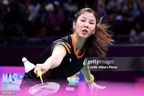 Soniia Cheah of Malaysia competes in the Badminton Mixed Team gold medal match against Saina Nehwal of India on day five of the Gold Coast 2018...