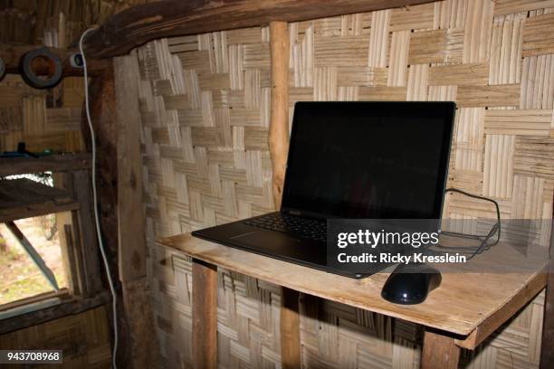 laptop in thatched home - fiji hut stock pictures, royalty-free photos & images