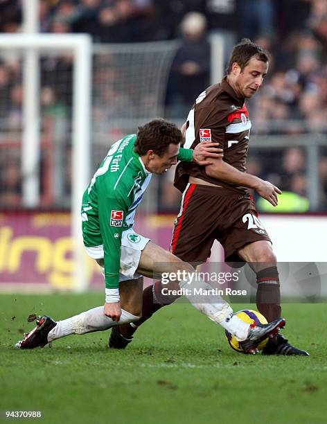 Matthias Lehmann of St. Pauli and Nicolai Mueller of Fuerth battle for the ball during the Second Bundesliga match between FC St. Pauli and SpVgg...