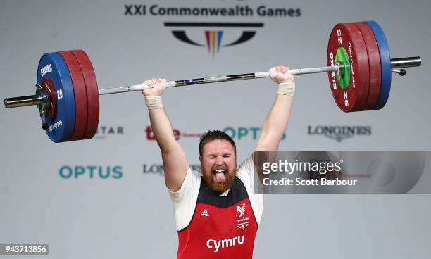 Rhodri West of Wales competes in the Men's +105kg Final during the Weightlifting on day five of the Gold Coast 2018 Commonwealth Games at Carrara...