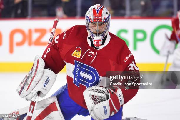 Look on Laval Rocket goalie Zach Fucale at warm-up before the Springfield Thunderbirds versus the Laval Rocket game on April 6 at Place Bell in...