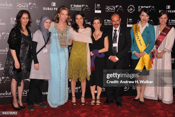 Producer Rula Salameh, producer Jehane Noujaim, Queen Noor of Jordan, producer Ronit Avni, director Julia Bacha and actor Ayed Morror attend the...