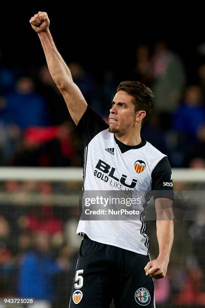 Gabriel Paulista of Valencia CF celebrates the victory during the La Liga game between Valencia CF and RCD Espanyol at Mestalla on April 8, 2018 in...