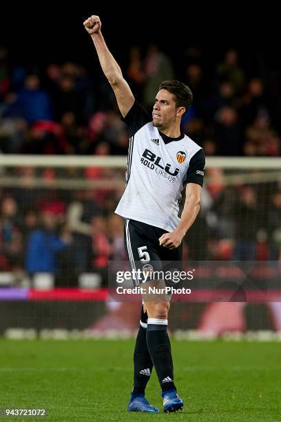 Gabriel Paulista of Valencia CF celebrates the victory during the La Liga game between Valencia CF and RCD Espanyol at Mestalla on April 8, 2018 in...