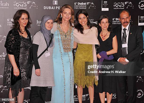 Producer Rula Salameh, producer Jehane Noujaim, Queen Noor of Jordan, producer Ronit Avni, director Julia Bacha and actor Ayed Morror attend the...