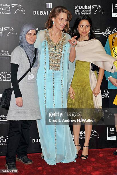 Producer Jehane Noujaim, Queen Noor of Jordan and producer Ronit Avni attend the "Budrus" premiere during day five of the 6th Annual Dubai...