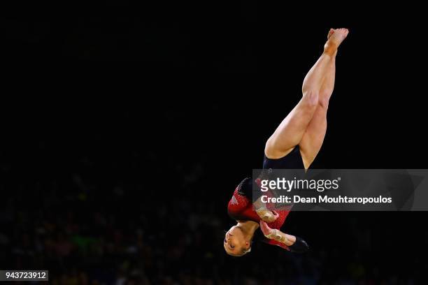 Elsabeth Black of Canada competes in the Women's Floor Exercise Final during Gymnastics on day five of the Gold Coast 2018 Commonwealth Games at...