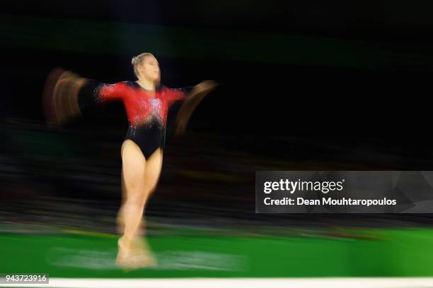 Elsabeth Black of Canada competes in the Women's Floor Exercise Final during Gymnastics on day five of the Gold Coast 2018 Commonwealth Games at...