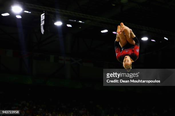 Elsabeth Black of Canada competes in the Women's Floor Exercise Final during Gymnastics on day five of the Gold Coast 2018 Commonwealth Games at...