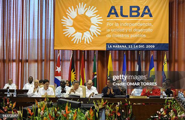 General view of the inauguration of the Bolivarian Alternative for the Americas Summit shows Cuban President Raul Castro and his Venezuelan...