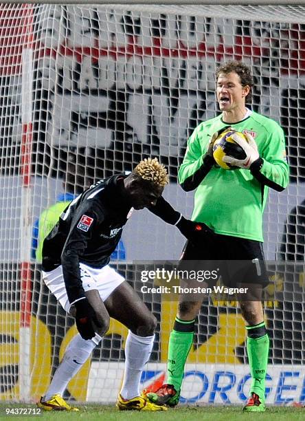 Jens Lehmann of Stuttgart fouls Aristide Bance during the Bundesliga match between FSV Mainz 05 and VFB Stuttgart at Bruchweg Stadium on December 13,...