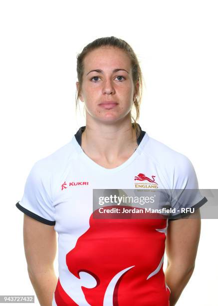 Emily Scarratt of England poses for a portrait during the England Women's Sevens Squad Photo call at Bisham Abbey on March 9, 2018 in Marlow, England.