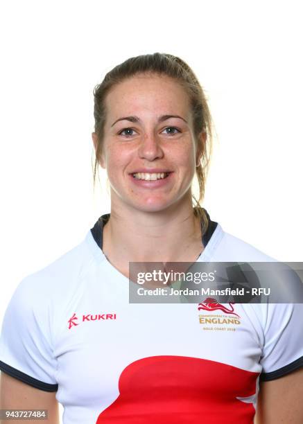 Emily Scarratt of England poses for a portrait during the England Women's Sevens Squad Photo call at Bisham Abbey on March 9, 2018 in Marlow, England.