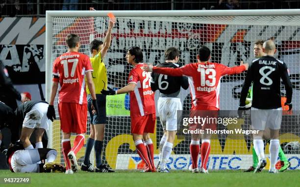 Jens Lehmann of Stuttgart is shown the red card from referee Wolfgang Stark during the Bundesliga match between FSV Mainz 05 and VFB Stuttgart at...