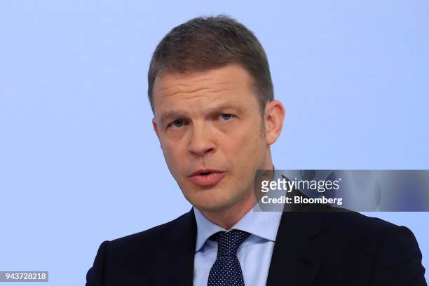 Christian Sewing, management board member of Deutsche Bank AG, speaks during the bank's earnings news conference in Frankfurt, Germany, on Thursday,...