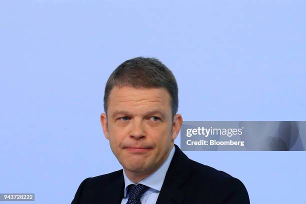 Christian Sewing, management board member of Deutsche Bank AG, pauses during the bank's earnings news conference in Frankfurt, Germany, on Thursday,...