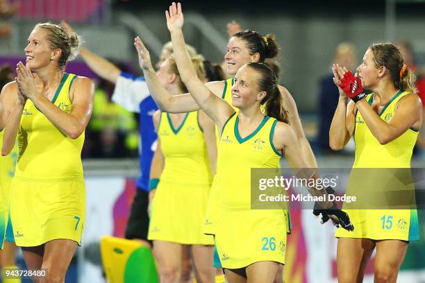 Australia forward Emily Smith thanks the fans during Hockey on day five of the Gold Coast 2018 Commonwealth Games at Gold Coast Hockey Centre on...