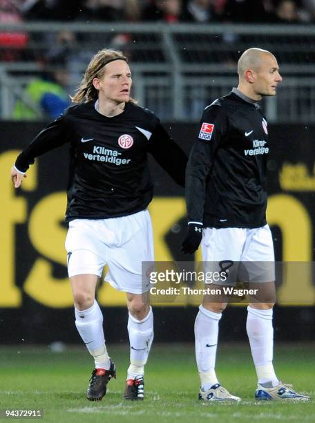 Eugen Polanski of Mainz celebrates after scoring the 1:1 with his team mate Srdjan Baljak during the Bundesliga match between FSV Mainz 05 and VFB...
