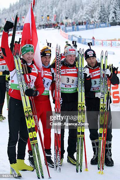 Team Austria take 1st place during the e.on Ruhrgas IBU Biathlon World Cup Men's 4 x 7.5 km Relay on December 13, 2009 in Hochfilzen, Austria.