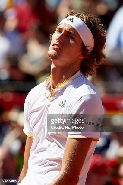 Alexander Zverev of Germany reacts in his match against Rafael Nadal of Spain during day three of the Davis Cup World Group Quarter Finals match...