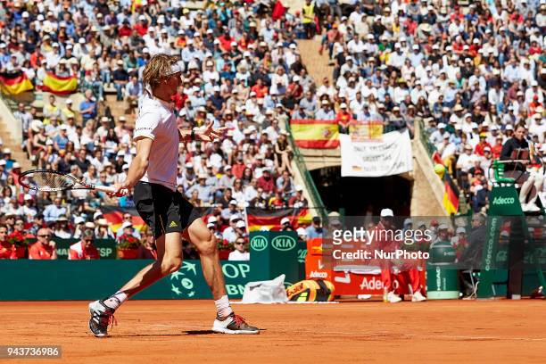 Alexander Zverev of Germany in action in his match against Rafael Nadal of Spain during day three of the Davis Cup World Group Quarter Finals match...