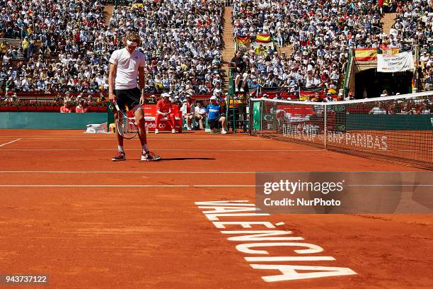 Alexander Zverev of Germany reacts in his match against Rafael Nadal of Spain during day three of the Davis Cup World Group Quarter Finals match...