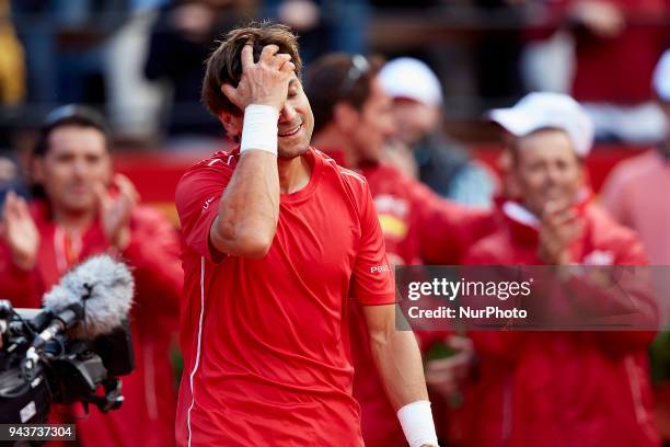 David Ferrer of Spain reacts after his victory in is match against Philipp Kohlschreiber of Germany during day three of the Davis Cup World Group...