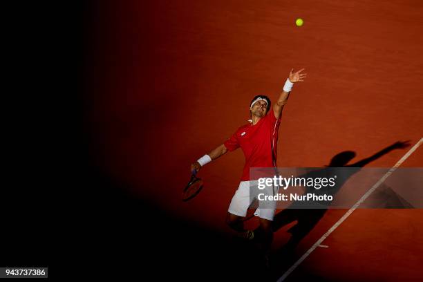 David Ferrer of Spain in action in his match against Philipp Kohlschreiber of Germany during day three of the Davis Cup World Group Quarter Finals...