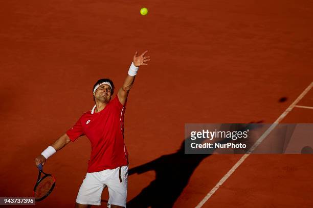 David Ferrer of Spain in action in his match against Philipp Kohlschreiber of Germany during day three of the Davis Cup World Group Quarter Finals...