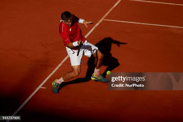 David Ferrer of Spain in action in his match against Philipp Kohlschreiber of Germany during day three of the Davis Cup World Group Quarter Finals...