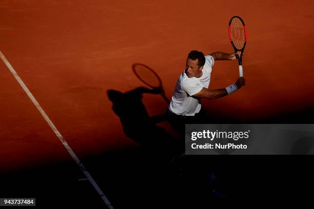 Philipp Kohlschreiber of Germany in action in his match against David Ferrer of Spain during day three of the Davis Cup World Group Quarter Finals...