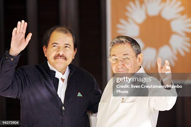 Cuba's President Raul Castro , brother of Revolution leader Fidel Castro, and Daniel Ortega , President of Nicaragua greet the press during the...