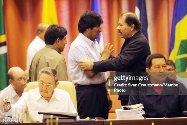 Bolivia's President Evo Morales welcomes Nicaragua's President Daniel Ortega prior to the opening ceremony of the 8th summit of the ALBA, Alianza...