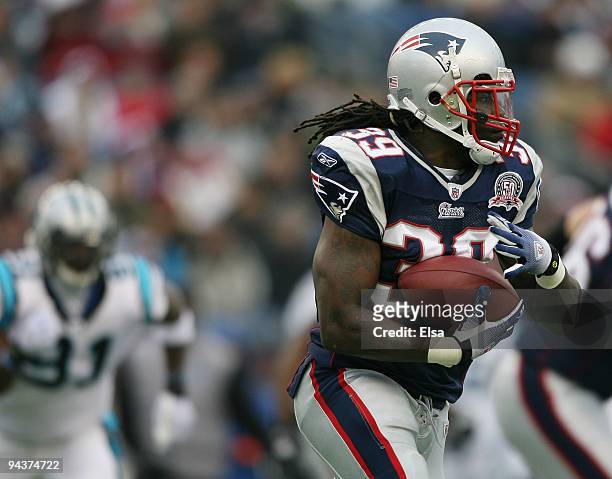 Laurence Maroney of the New England Patriots carries the ball in the first half against the Carolina Panthers on December 13, 2009 at Gillette...