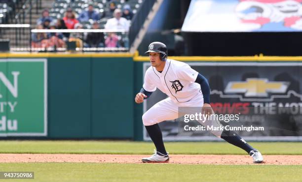 Mikie Mahtook of the Detroit Tigers runs the bases during game one of a double header against the Pittsburgh Pirates at Comerica Park on April 1,...